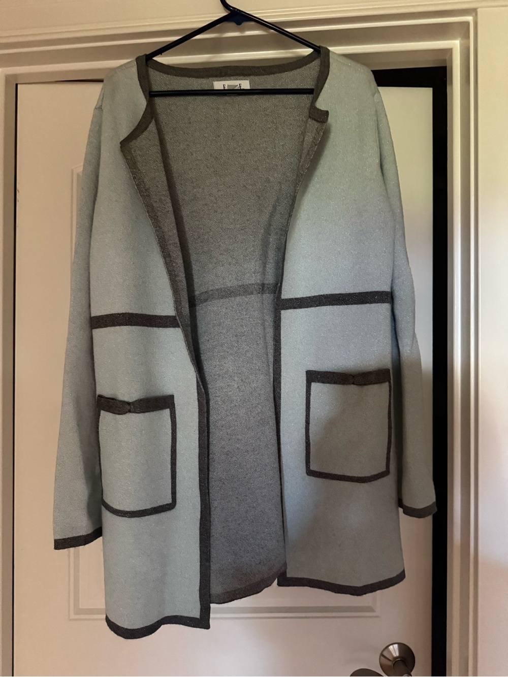 Elle Pale Blue Open Cardigan with Gray Trim